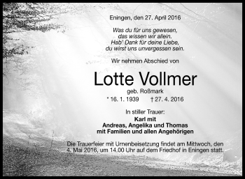 Anzeige von Lotte Vollmer von Reutlinger Generalanzeiger