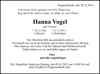 Anzeige von Hanna Vogel von Reutlinger Generalanzeiger