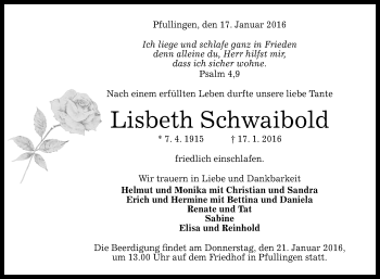 Anzeige von Lisbeth Schwaibold von Reutlinger Generalanzeiger