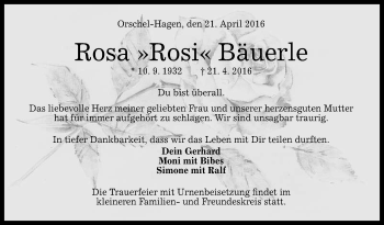 Anzeige von Rosa  Bäuerle von Reutlinger Generalanzeiger