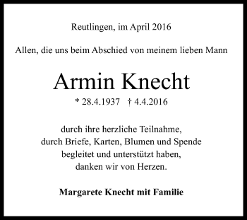 Anzeige von Armin Knecht von Reutlinger Generalanzeiger