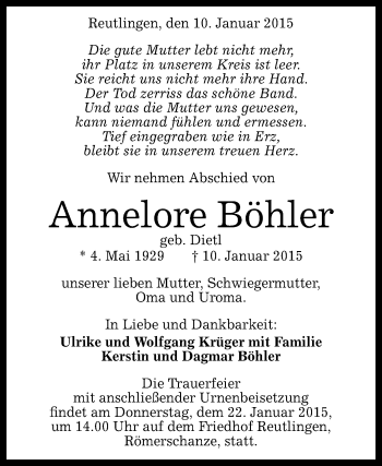 Anzeige von Annelore Böhler von Reutlinger Generalanzeiger