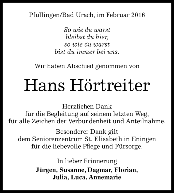 Anzeige von Hans Hörtreiter von Reutlinger Generalanzeiger