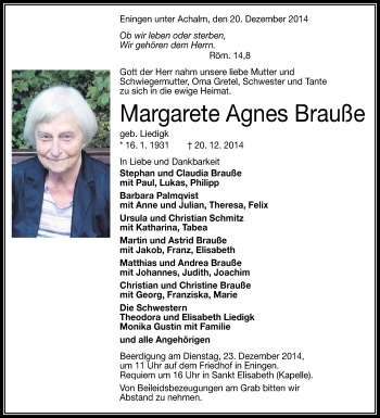 Anzeige von Margarete Agnes Brauße von Reutlinger Generalanzeiger