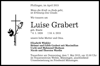 Anzeige von Luise Grabert von Reutlinger Generalanzeiger