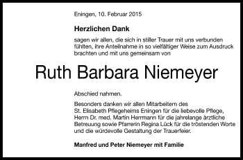 Anzeige von Ruth Barbara Niemeyer von Reutlinger Generalanzeiger