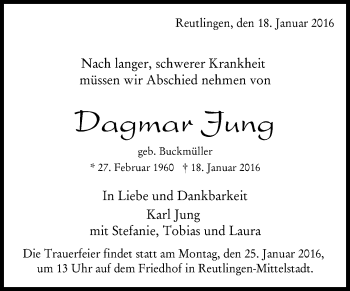 Anzeige von Dagmar Jung von Reutlinger Generalanzeiger