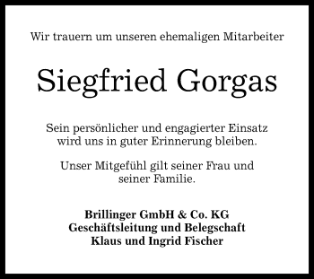 Anzeige von Siegfried Gorgas von Reutlinger Generalanzeiger