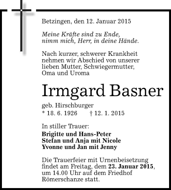 Anzeige von Irmgard Basner von Reutlinger Generalanzeiger