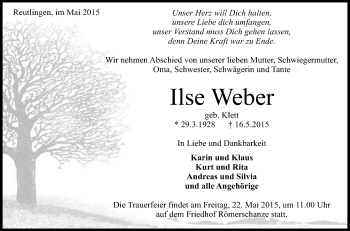 Anzeige von Ilse Weber von Reutlinger Generalanzeiger