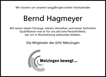 Anzeige von Bernd Hagmeyer von Reutlinger Generalanzeiger