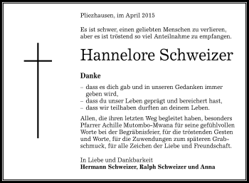 Anzeige von Hannelore Schweizer von Reutlinger Generalanzeiger