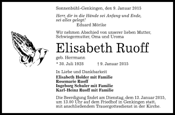 Anzeige von Elisabeth Ruoff von Reutlinger Generalanzeiger