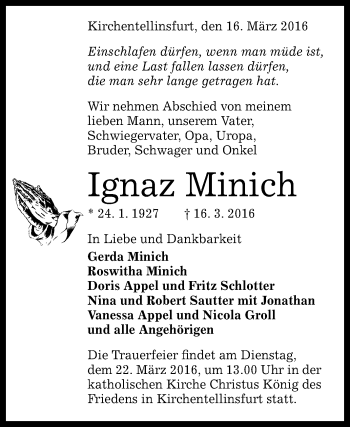 Anzeige von Ignaz Minich von Reutlinger Generalanzeiger