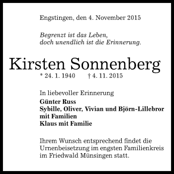 Anzeige von Kirsten Sonnenberg von Reutlinger Generalanzeiger