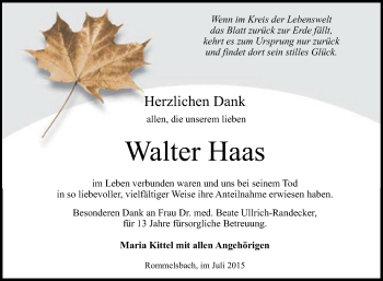 Anzeige von Walter Haas von Reutlinger Generalanzeiger