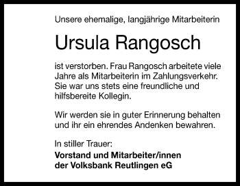 Anzeige von Ursula Rangosch von Reutlinger Generalanzeiger