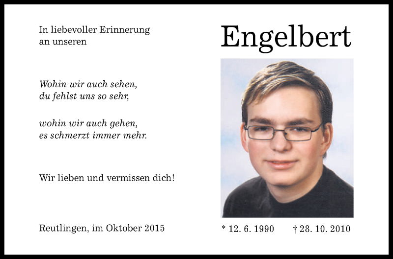  Traueranzeige für Engelbert  vom 28.10.2015 aus Reutlinger Generalanzeiger