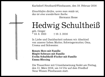 Anzeige von Hedwig Schultheiß von Reutlinger Generalanzeiger