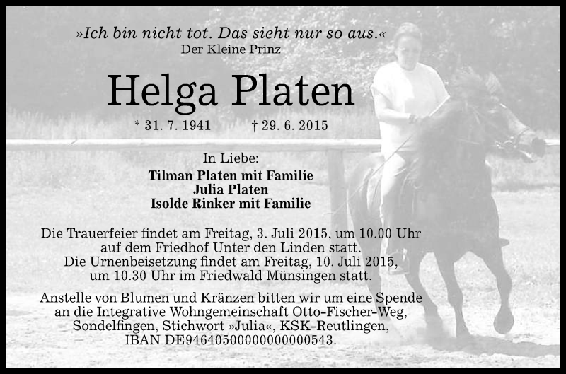 Traueranzeige für Helga Platen vom 01.07.2015 aus Reutlinger Generalanzeiger