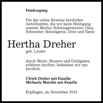 Anzeige von Hertha Dreher von Reutlinger Generalanzeiger