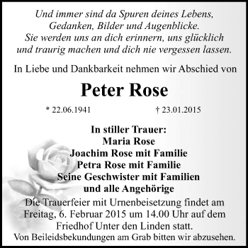 Anzeige von Peter Rose von Reutlinger Generalanzeiger
