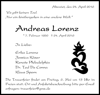 Anzeige von Andreas Lorenz von Reutlinger Generalanzeiger