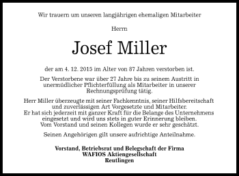 Anzeige von Josef Miller von Reutlinger Generalanzeiger