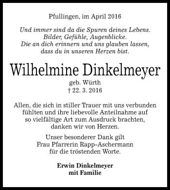 Anzeige von Wilhelmine Dinkelmeyer von Reutlinger Generalanzeiger