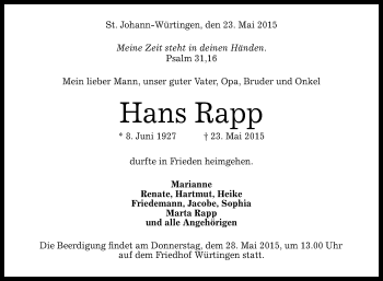 Anzeige von Hans Rapp von Reutlinger Generalanzeiger