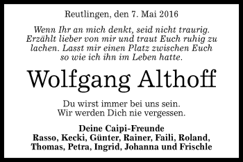 Anzeige von Wolfgang Althoff von Reutlinger Generalanzeiger