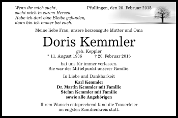 Anzeige von Doris Kemmler von Reutlinger Generalanzeiger
