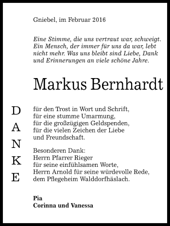 Anzeige von Markus Bernhardt von Reutlinger Generalanzeiger