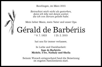 Anzeige von Gerald de Barberiis von Reutlinger Generalanzeiger