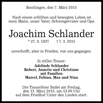 Anzeige von Joachim Schlander von Reutlinger Generalanzeiger