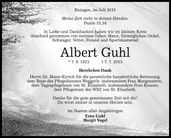 Anzeige von Albert Guhl von Reutlinger Generalanzeiger