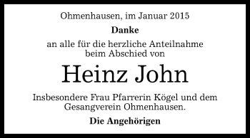 Anzeige von Heinz John von Reutlinger Generalanzeiger