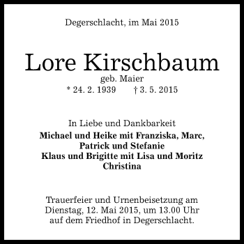 Anzeige von Lore Kirschbaum von Reutlinger Generalanzeiger