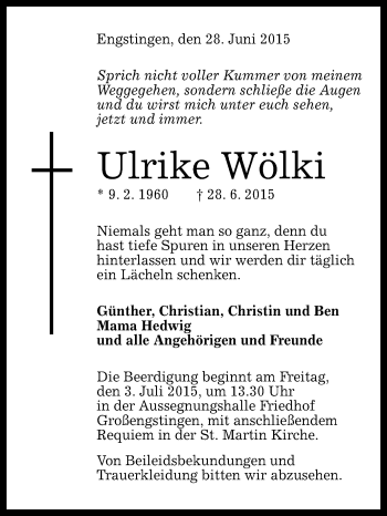 Anzeige von Ulrike Wölki von Reutlinger Generalanzeiger