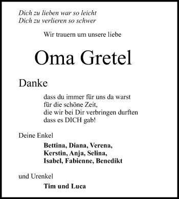 Anzeige von Oma Gretel von Reutlinger Generalanzeiger