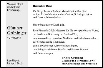 Anzeige von Günther Grüninger von Reutlinger Generalanzeiger