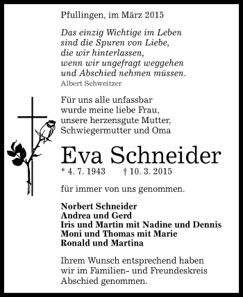 Anzeige von Eva Schneider von Reutlinger Generalanzeiger