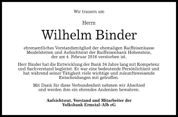 Anzeige von Wilhelm Binder von Reutlinger Generalanzeiger