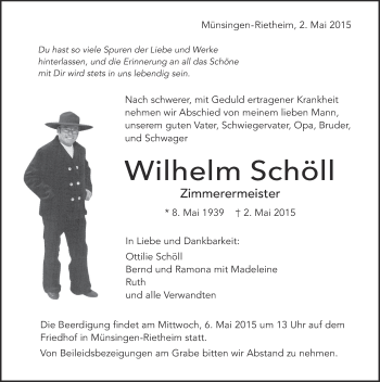Anzeige von Wilhelm Schöll von Reutlinger Generalanzeiger