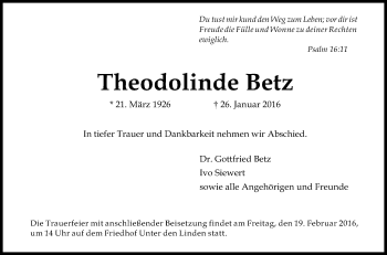 Anzeige von Theodolinde Betz von Reutlinger Generalanzeiger