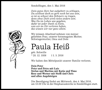 Anzeige von Paula Heiß von Reutlinger Generalanzeiger