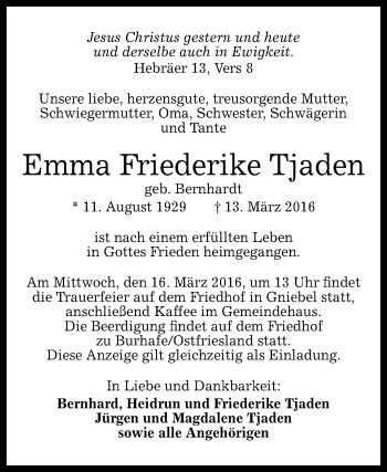 Anzeige von Emma Friederike Tjaden von Reutlinger Generalanzeiger