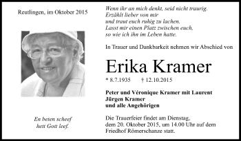 Anzeige von Erika Kramer von Reutlinger Generalanzeiger