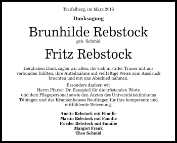 Anzeige von Brunhilde und Fritz Rebstock von Reutlinger Generalanzeiger