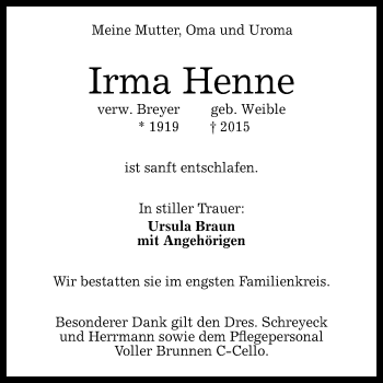 Anzeige von Irma Henne von Reutlinger Generalanzeiger